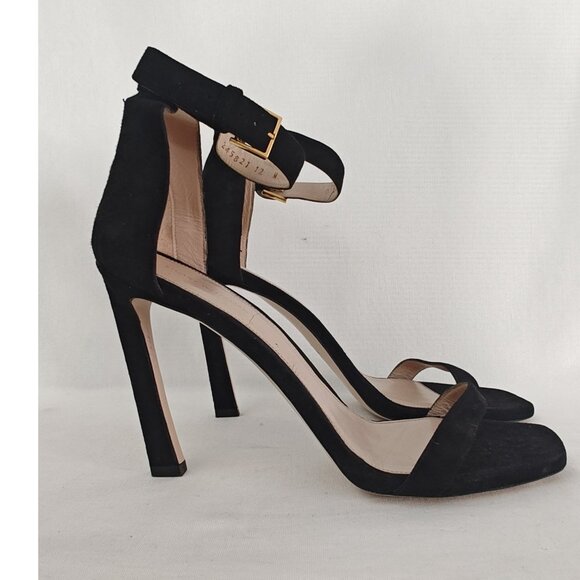 Stuart Weitzman Square Nudist 100 Pump Heels Black Suede Ankle Strap - Picture 4 of 12